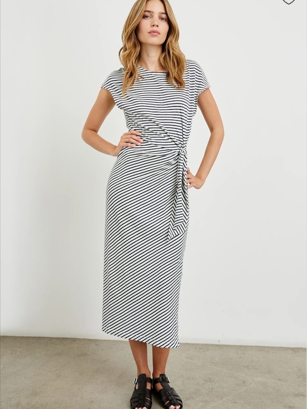 Rails Selah Cotton Tie Front Ivory Navy Micro Stripe Midi Dress